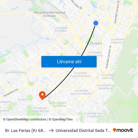 Br. Las Ferias (Kr 68h - Cl 75) to Universidad Distrital Sede Tecnológica map