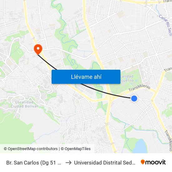 Br. San Carlos (Dg 51 Sur - Kr 18c) to Universidad Distrital Sede Tecnológica map