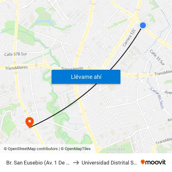 Br. San Eusebio (Av. 1 De Mayo - Kr 52a) (A) to Universidad Distrital Sede Tecnológica map