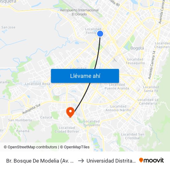 Br. Bosque De Modelia (Av. Esperanza - Av. C. De Cali) to Universidad Distrital Sede Tecnológica map