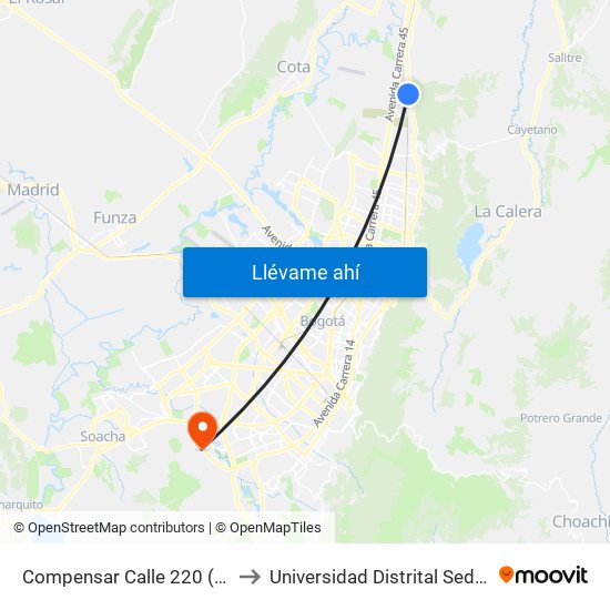 Compensar Calle 220 (Ak 7 - Cl 220) to Universidad Distrital Sede Tecnológica map
