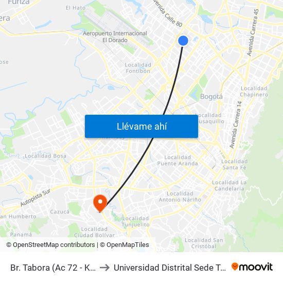 Br. Tabora (Ac 72 - Kr 80) (A) to Universidad Distrital Sede Tecnológica map