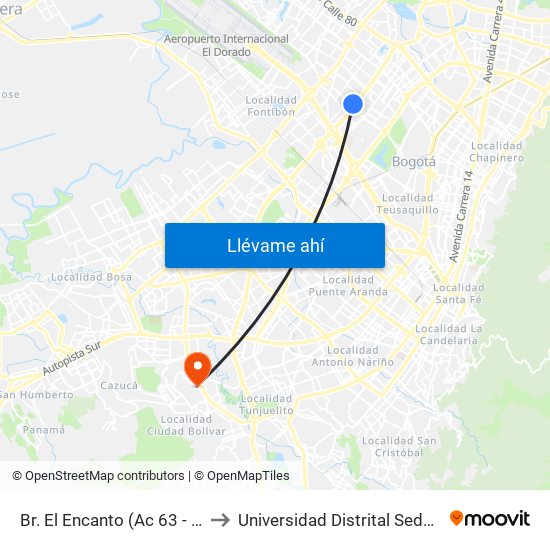 Br. El Encanto (Ac 63 - Av. Boyacá) to Universidad Distrital Sede Tecnológica map