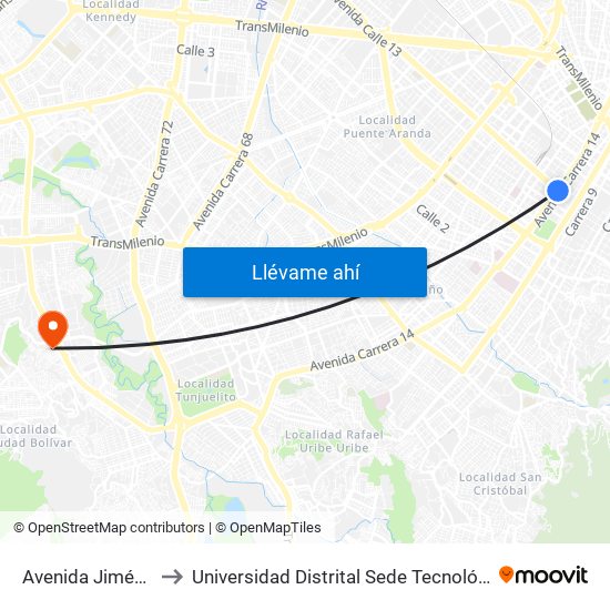 Avenida Jiménez to Universidad Distrital Sede Tecnológica map