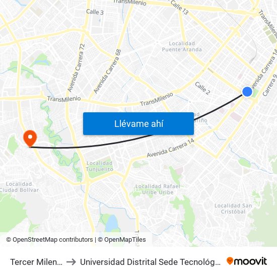 Tercer Milenio to Universidad Distrital Sede Tecnológica map