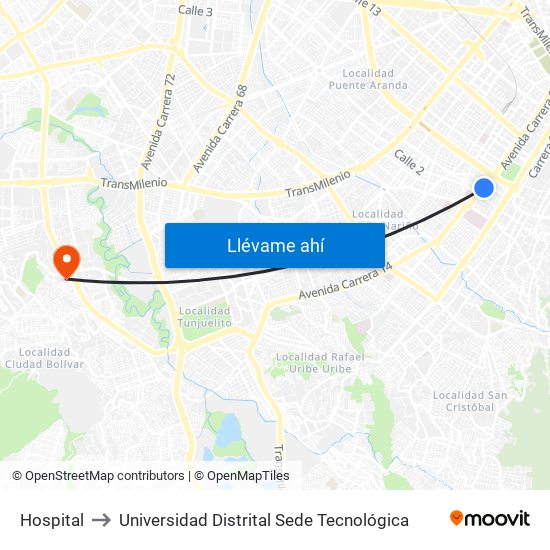 Hospital to Universidad Distrital Sede Tecnológica map