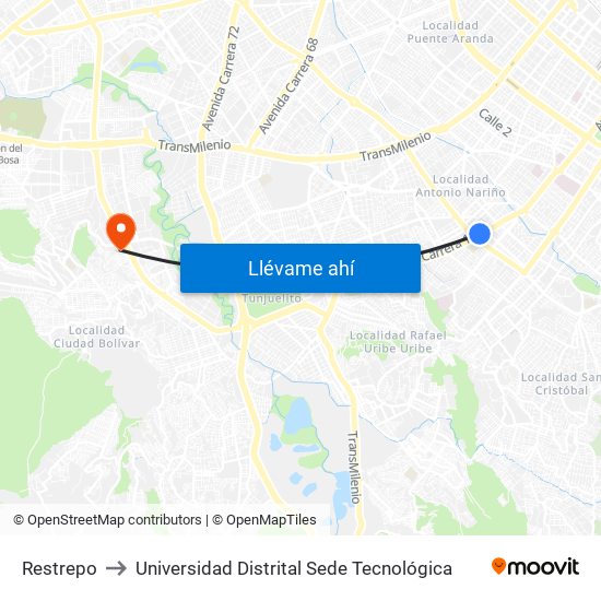 Restrepo to Universidad Distrital Sede Tecnológica map