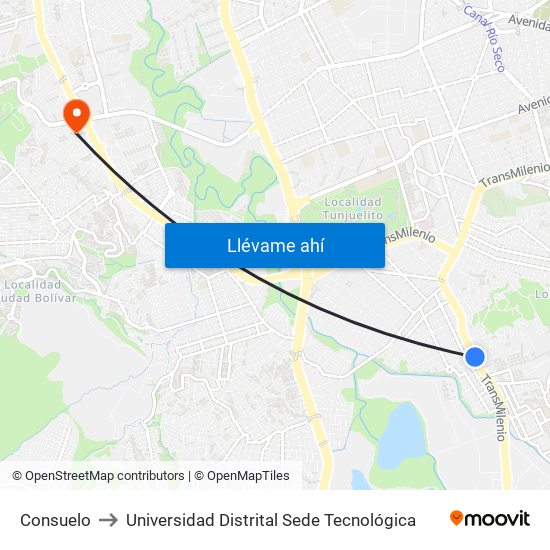 Consuelo to Universidad Distrital Sede Tecnológica map