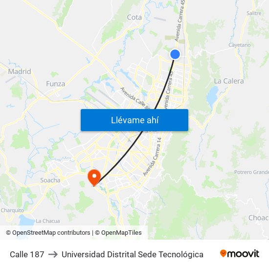 Calle 187 to Universidad Distrital Sede Tecnológica map