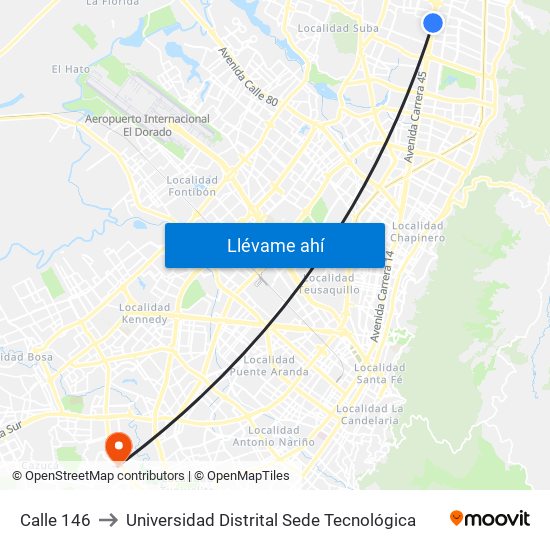 Calle 146 to Universidad Distrital Sede Tecnológica map