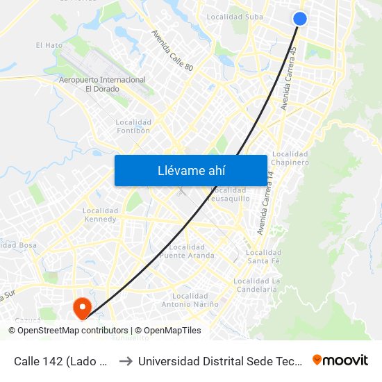 Calle 142 (Lado Norte) to Universidad Distrital Sede Tecnológica map