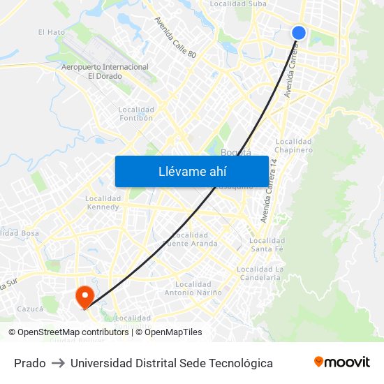 Prado to Universidad Distrital Sede Tecnológica map