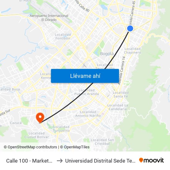 Calle 100 - Marketmedios to Universidad Distrital Sede Tecnológica map