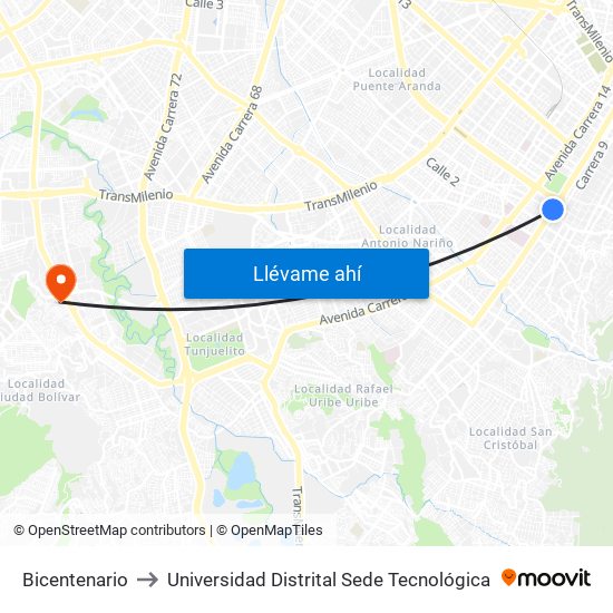 Bicentenario to Universidad Distrital Sede Tecnológica map