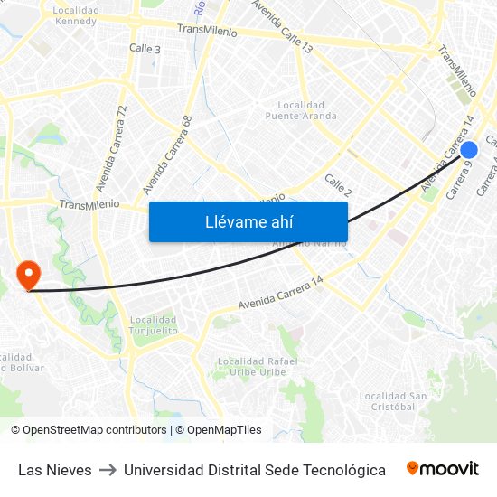 Las Nieves to Universidad Distrital Sede Tecnológica map