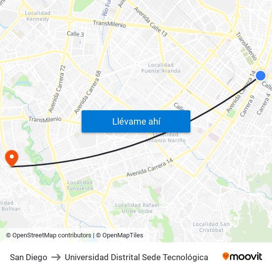 San Diego to Universidad Distrital Sede Tecnológica map