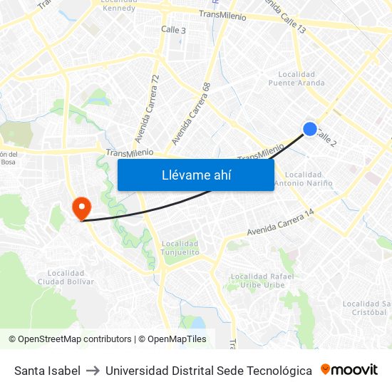 Santa Isabel to Universidad Distrital Sede Tecnológica map