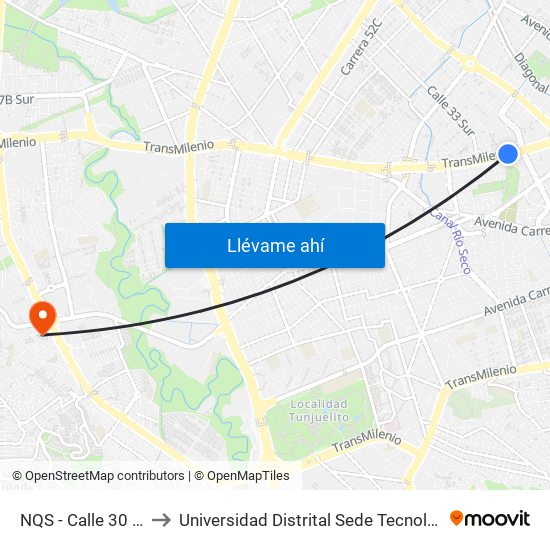 NQS - Calle 30 Sur to Universidad Distrital Sede Tecnológica map