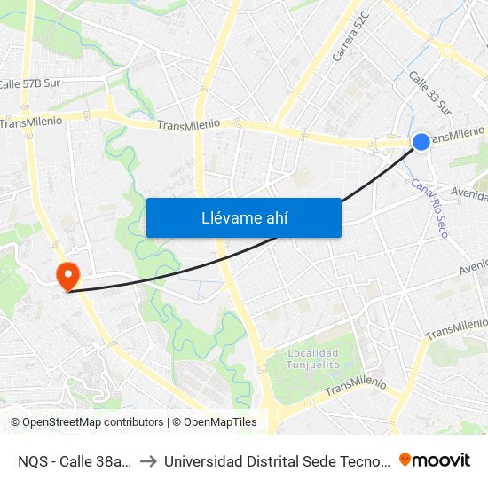 NQS - Calle 38a Sur to Universidad Distrital Sede Tecnológica map