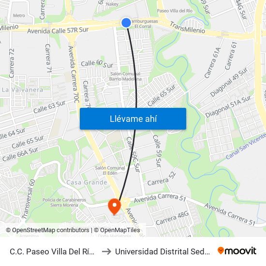 C.C. Paseo Villa Del Río - Madelena to Universidad Distrital Sede Tecnológica map