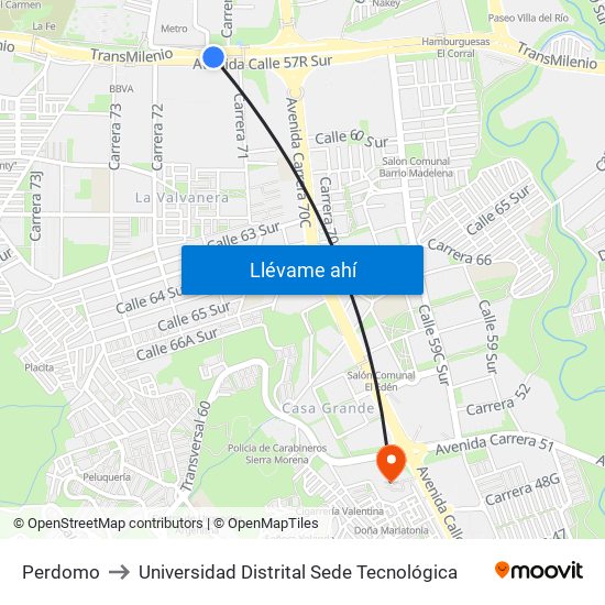 Perdomo to Universidad Distrital Sede Tecnológica map