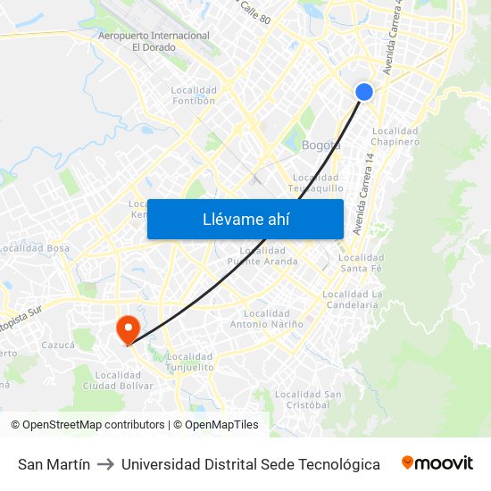 San Martín to Universidad Distrital Sede Tecnológica map