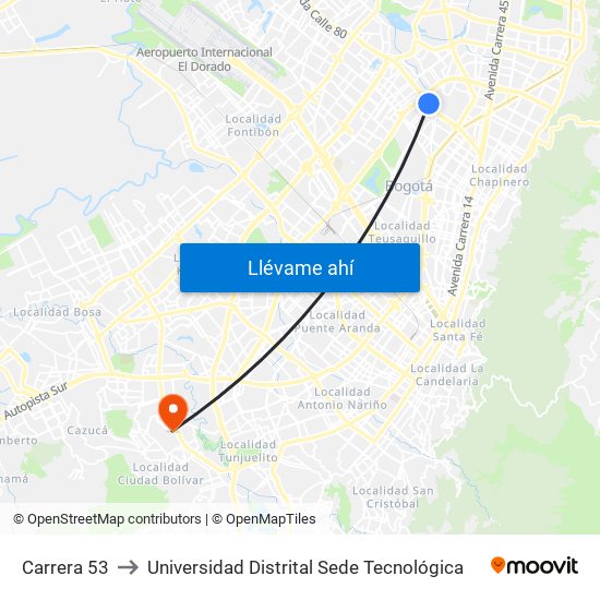 Carrera 53 to Universidad Distrital Sede Tecnológica map