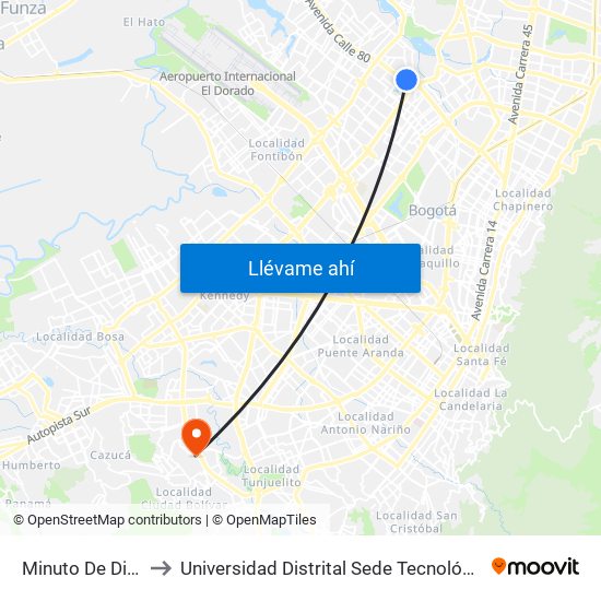 Minuto De Dios to Universidad Distrital Sede Tecnológica map