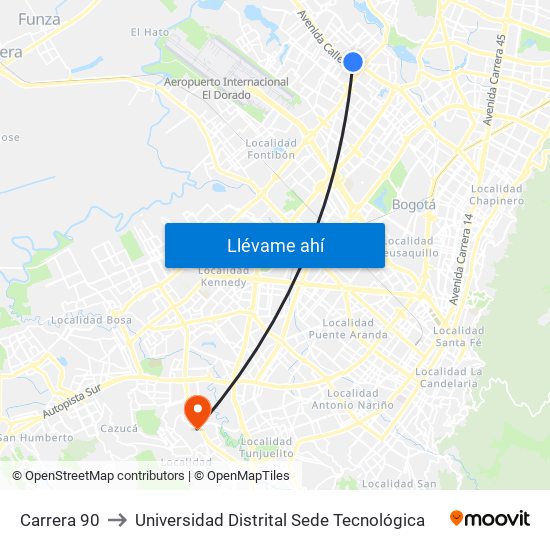 Carrera 90 to Universidad Distrital Sede Tecnológica map