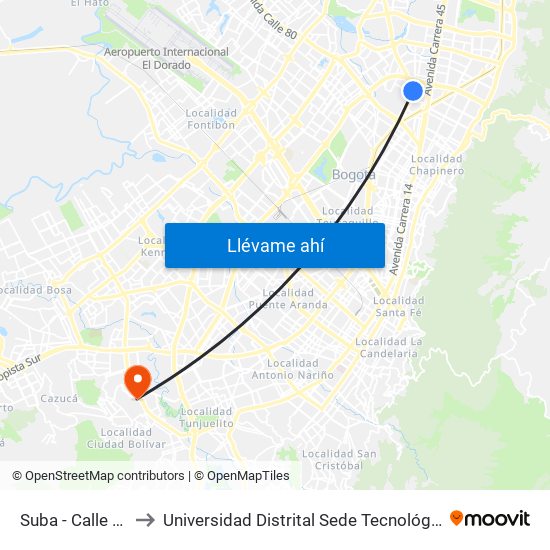 Suba - Calle 95 to Universidad Distrital Sede Tecnológica map