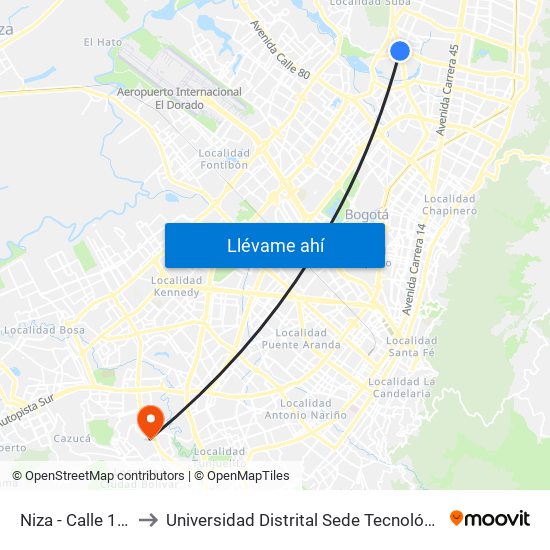 Niza - Calle 127 to Universidad Distrital Sede Tecnológica map