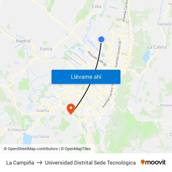 La Campiña to Universidad Distrital Sede Tecnológica map