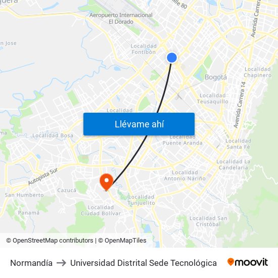 Normandía to Universidad Distrital Sede Tecnológica map