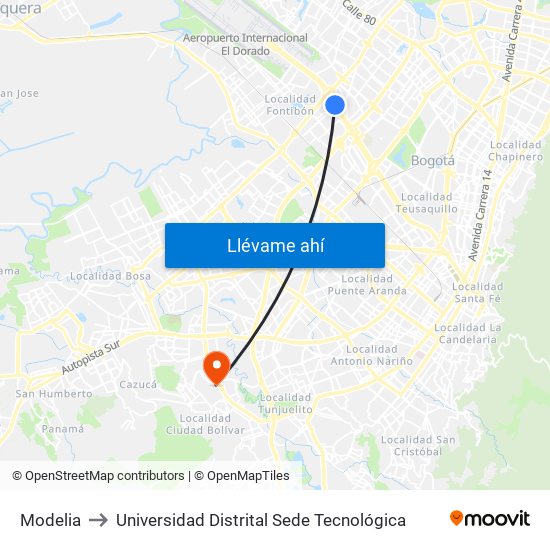 Modelia to Universidad Distrital Sede Tecnológica map
