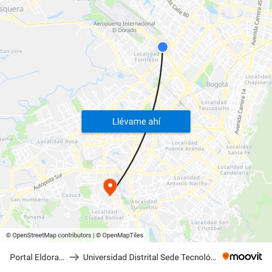 Portal Eldorado to Universidad Distrital Sede Tecnológica map