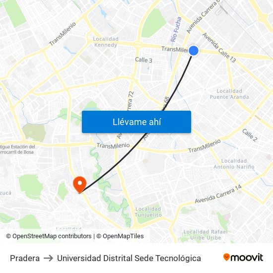 Pradera to Universidad Distrital Sede Tecnológica map