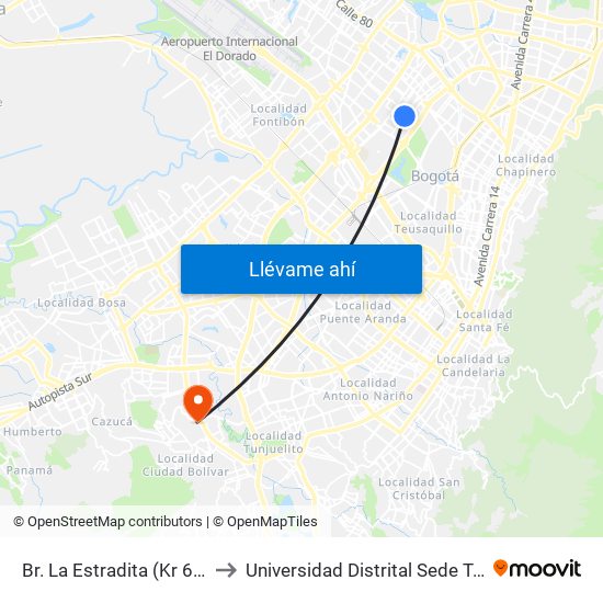 Br. La Estradita (Kr 69 - Cl 65) to Universidad Distrital Sede Tecnológica map