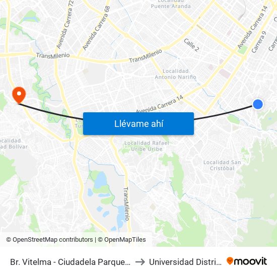 Br. Vitelma - Ciudadela Parque De La Roca (Cl 3 Sur - Kr 4a Este) to Universidad Distrital Sede Tecnológica map