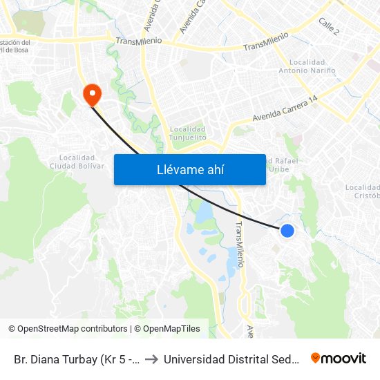 Br. Diana Turbay (Kr 5 - Cl 48u Sur) to Universidad Distrital Sede Tecnológica map