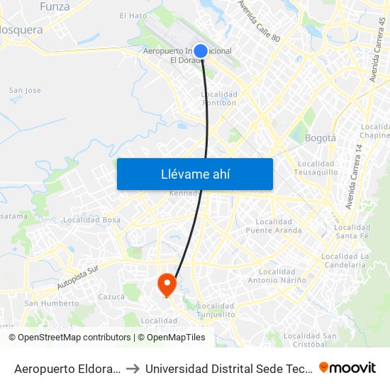 Aeropuerto Eldorado (F) to Universidad Distrital Sede Tecnológica map