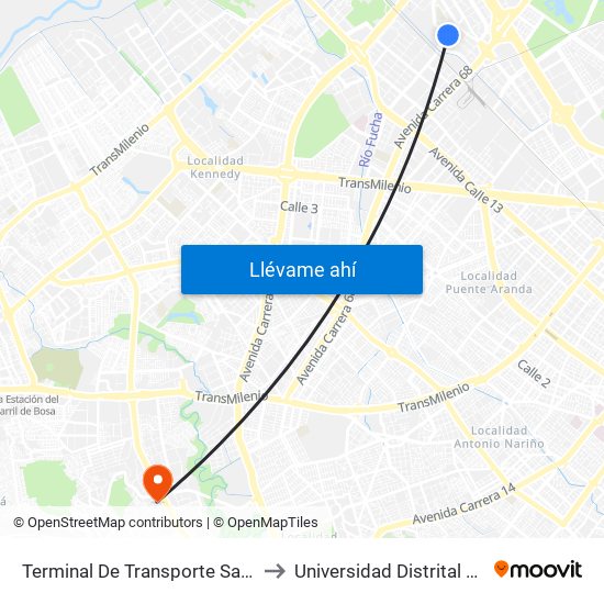 Terminal De Transporte Salitre (Kr 68d - Cl 22c) to Universidad Distrital Sede Tecnológica map