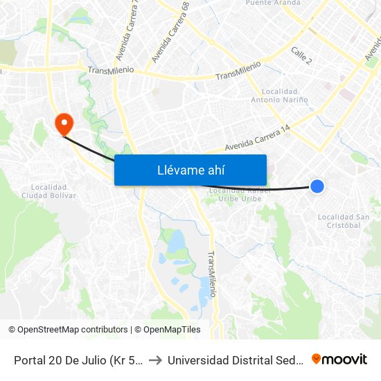 Portal 20 De Julio (Kr 5 - Cl 30a Sur) to Universidad Distrital Sede Tecnológica map