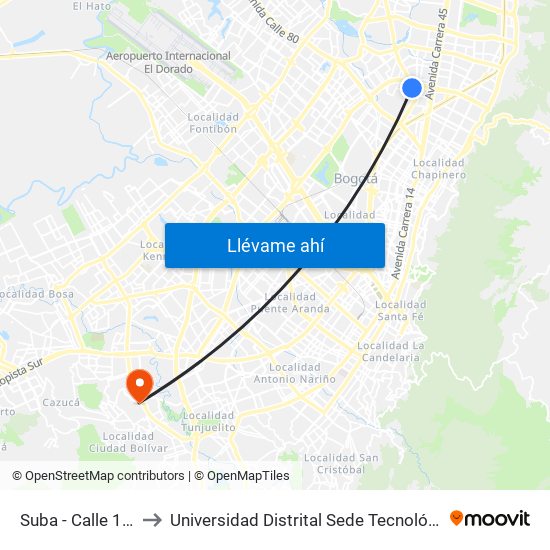 Suba - Calle 100 to Universidad Distrital Sede Tecnológica map