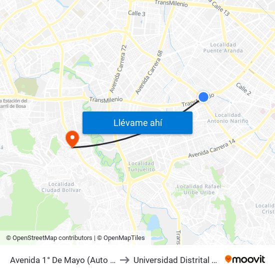 Avenida 1° De Mayo (Auto Sur - Av. 1 De Mayo) to Universidad Distrital Sede Tecnológica map
