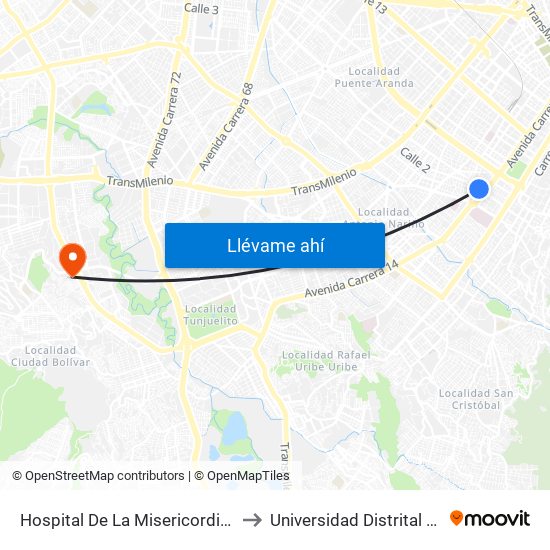 Hospital De La Misericordia (Dg 2 - Av. Caracas) to Universidad Distrital Sede Tecnológica map