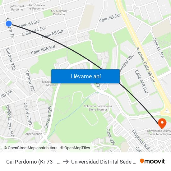 Cai Perdomo (Kr 73 - Cl 64 Sur) to Universidad Distrital Sede Tecnológica map