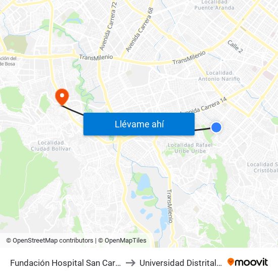 Fundación Hospital San Carlos (Cl 31a Sur - Kr 12b) to Universidad Distrital Sede Tecnológica map