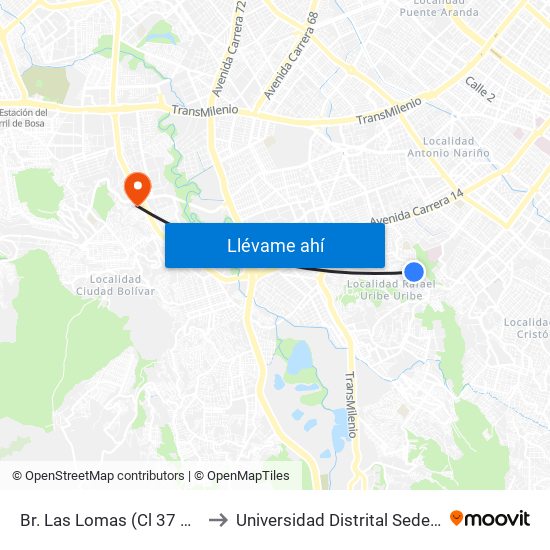 Br. Las Lomas (Cl 37 Sur - Kr 12a) to Universidad Distrital Sede Tecnológica map