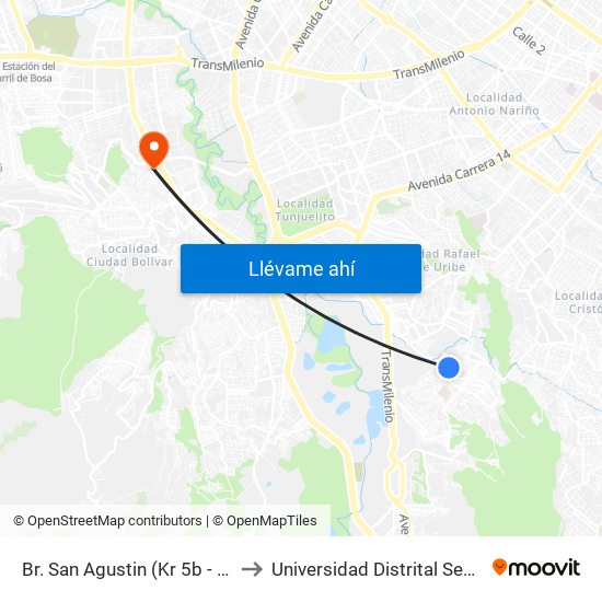 Br. San Agustin (Kr 5b - Cl 48z Bis Sur) to Universidad Distrital Sede Tecnológica map
