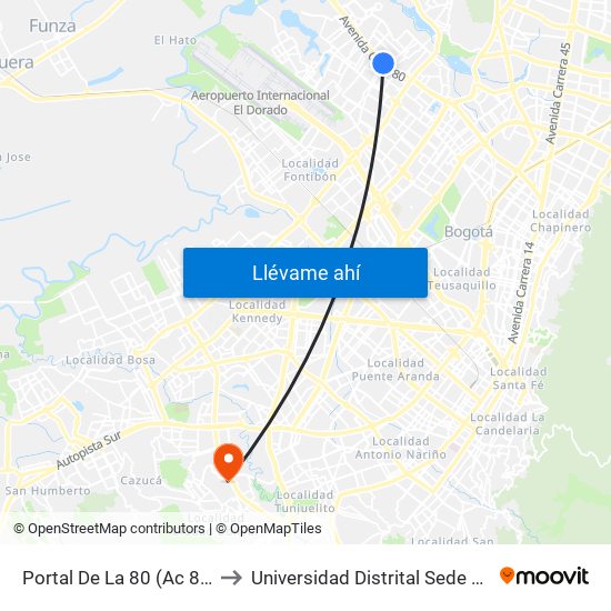 Portal De La 80 (Ac 80 - Kr 96) to Universidad Distrital Sede Tecnológica map